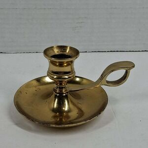 Vintage Polished Brass Chamberstick Candle Holder with Finger Loop Handle 4"